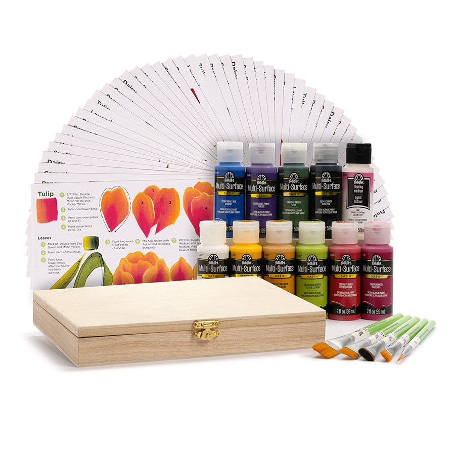 FolkArt One Stroke A-Z Floral Painting Kit, Including 10 Multi-Surface Paints, 5 Brushes, 50 Full-Color Teaching Guides, 1 Floating Medium, and A Wood